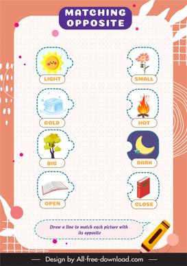 matching opposite practice worksheet for children template isolated symbols texts decor