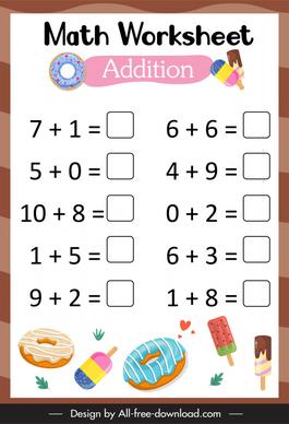 math worksheet for kids template addition mathematic sketch cakes ice creams leaf decor
