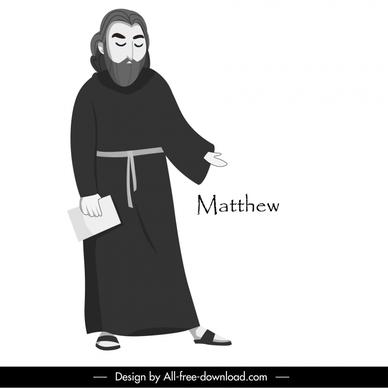 matthew apostle christian icon black white retro cartoon character sketch