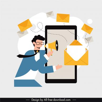 media communication banner man dynamic envelopes smartphone sketch
