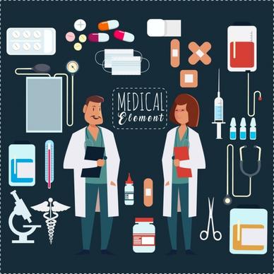 medical design elements doctors icons flat colored tools