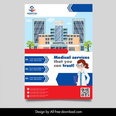 medical services advertising flyer template cartoon doctor sketch hospital architecture outline 