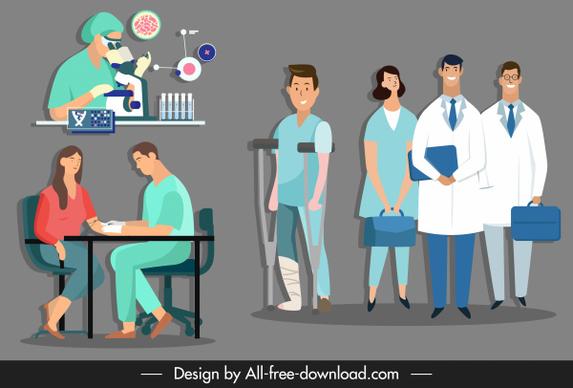 medical work icons doctors patients sketch cartoon characters