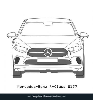 mercedes benz a class w177 car model template flat black white handdrawn front view outline symmetric design