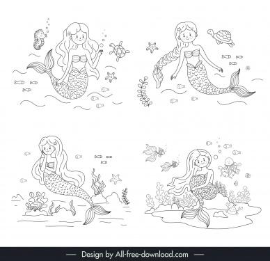 mermaid fairy fale design elements collection handdrawn cartoon outline 