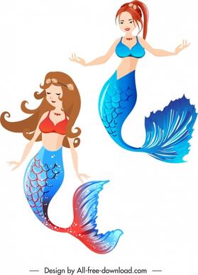 mermaid icons beautiful girls sketch cartoon design
