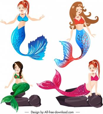 mermaid icons beautiful young girls sketch cartoon design
