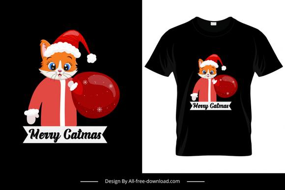 merry catmas typographic tshirt template cute stylized santa claus cat icon