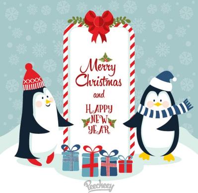 merry christmas and happy new year with cute penguins