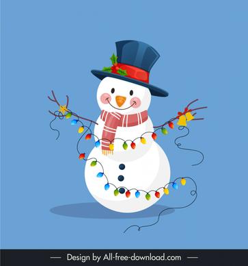 merry christmas design elements happy snowman icon decorated lights sketch 