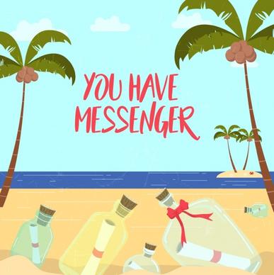 message bottles drawing seascape coconut trees decor