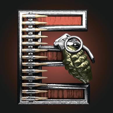 metal alphabet with bullet and grenade vectors set