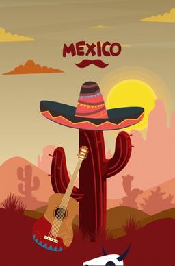 mexico advertising sunset landscape cactus guitar hat icons