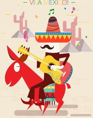 mexico background guitarist donkey icon colorful design