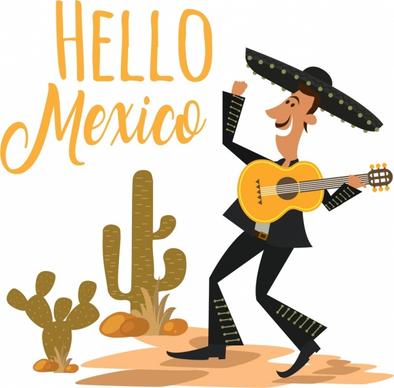 mexico banner male guitarist cactus icons calligraphic design