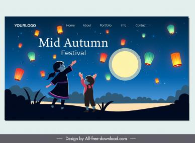   mid autumn festival landing page template children joyful lantern sky