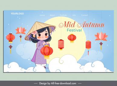 mid autumn landing page template cute vietnamese girl cartoo