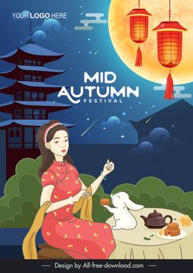 mid autumn poster cute oriental fairy bunny cartoon 