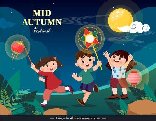 mid autumn poster template dynamic children playing lanterns scene 