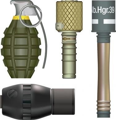 military weapons icons grenades sketch colored shiny contemporary