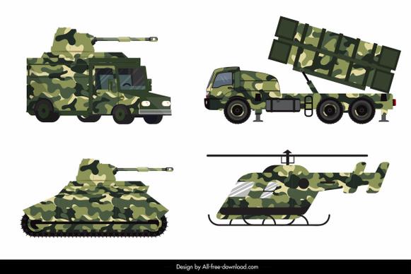 military vehicle equipment icons modern colored design
