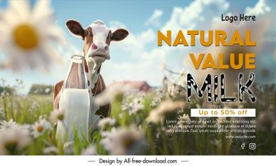 milk  discount banner template cute elegant cartoon cow flowers scene