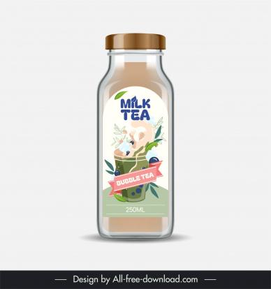 milk tea bottle packaging template dynamic liquid leaves decor