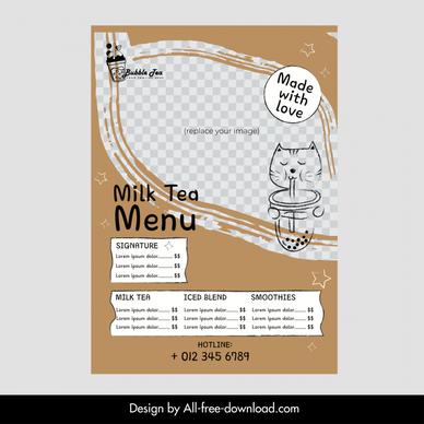 milk tea shop menu template retro handdrawn cat 