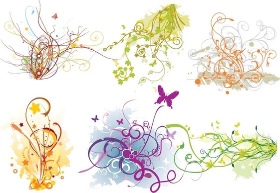design elements collection colorful curves flowers trees icons