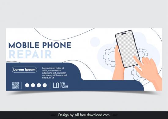 mobile phone repair banner template  flat hands smartphone gears