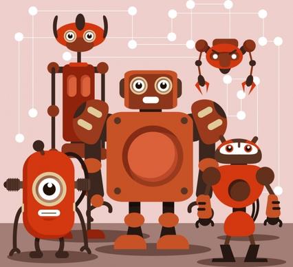 modern robots background red design cartoon characters