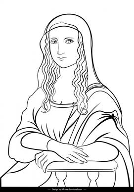 monalisa portrait icon black white handdrawn outline 