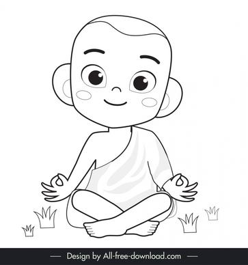 monk meditate icon funny lovely bw cartoon character outline