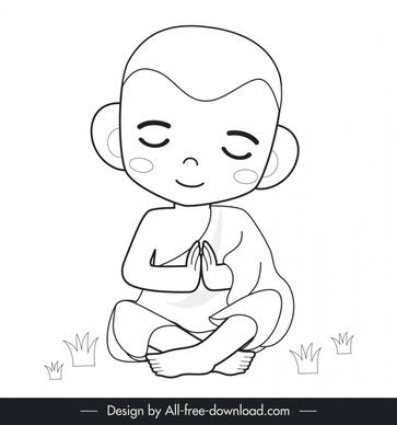 monk meditate icon sitting boy sketch black white cartoon character outline