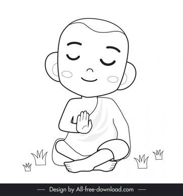 monk meditate icon sitting boy sketch cute black white cartoon character outline
