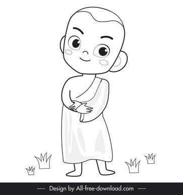 monk standing icon lovely bw cartoon character sketch