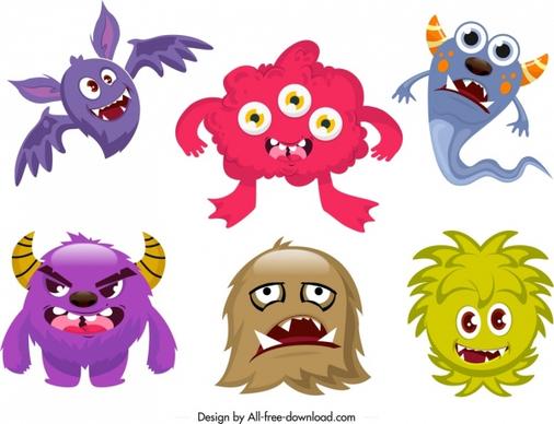 monster icons funny colored cartoon characters sketch
