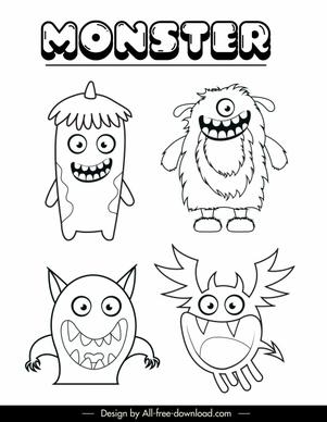 monsters ghosts icons funny cartoon characters sketch