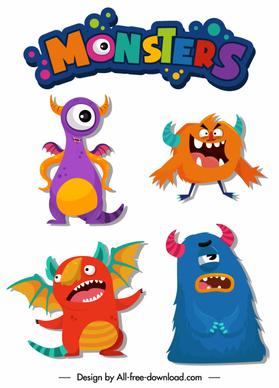 monsters icons colorful funny cartoon characters animals shapes