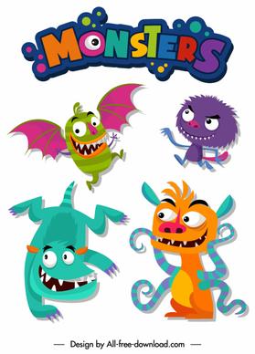 monsters icons funny cartoon characters colorful design