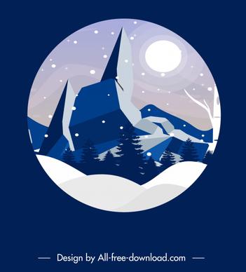 moonlight mountain scenery background snowfall sketch circle isolation