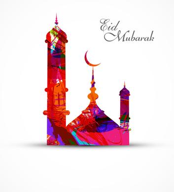mosque for grunge colorful eid mubarak card vector illustration