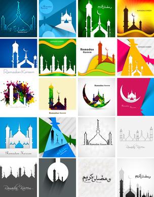 mosque with colorful ramadan kareem collection card set presentation background vector illustration
