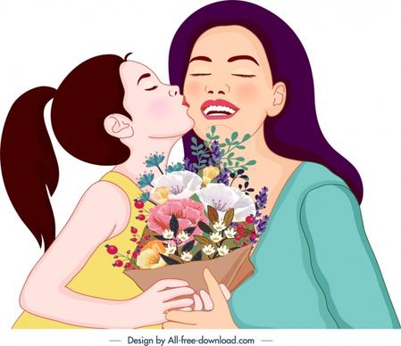 mother day painting daughter kissing mom cartoon characters