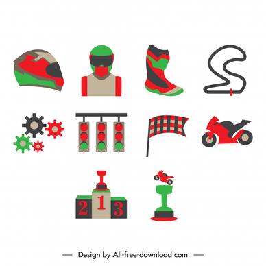 motor racing icons sets flat classic symbols sketch