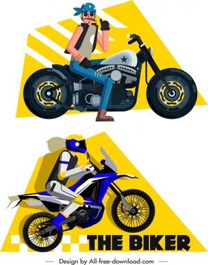 motorbike rider icons colored cartoon sketch