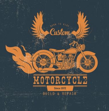 motorcycle shop advertisement retro design wings fire icons