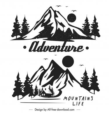 mountain adventure logotypes black white retro handdrawn sketch