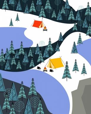 mountain camping drawing tents campfire trees icons