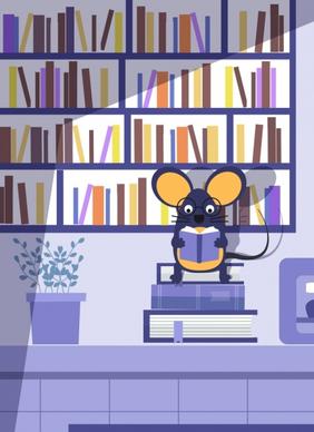 mouse background bookshelf books icons cartoon design